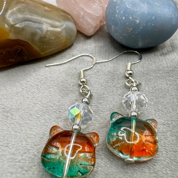 Glass cat drop earrings 