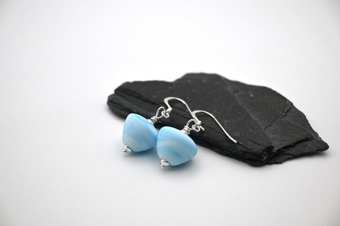 lampwork blue sea glass cone earrings