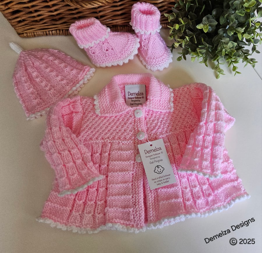Designer Baby Girls Hand Knitted Jacket, Booties & Hat Set 0-3 Months Size