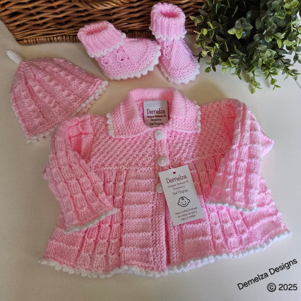 Designer Baby Girls Hand Knitted Jacket, Booties & Hat Set 0-3 Months Size