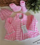 Designer Baby Girls Hand Knitted Jacket, Booties & Hat Set 0-3 Months Size - Image 1
