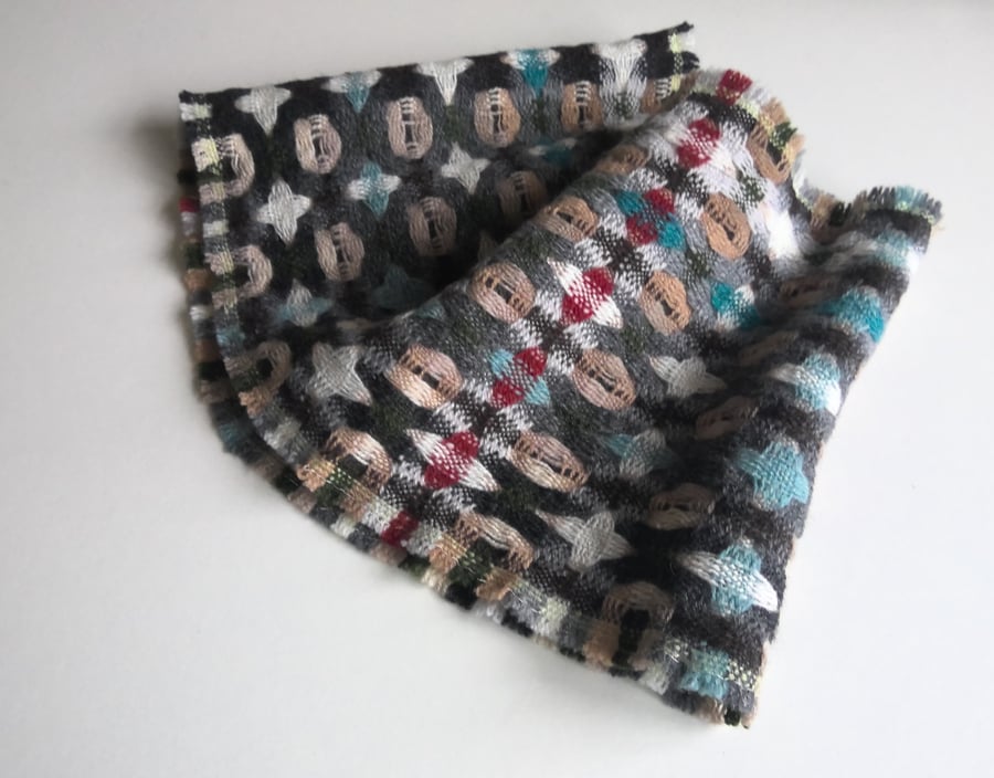 Handwoven Lambswool Cowl in Grey, Teal and Cream 9