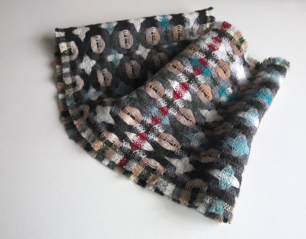Handwoven Lambswool Cowl in Grey, Teal and Cream 9