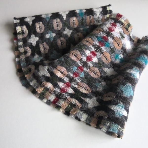 Handwoven Lambswool Cowl in Grey, Teal and Cream 9