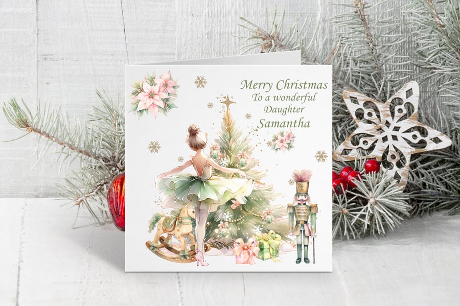Ballet Dancer & Soldier Nutcracker Personalised Christmas Card. Green