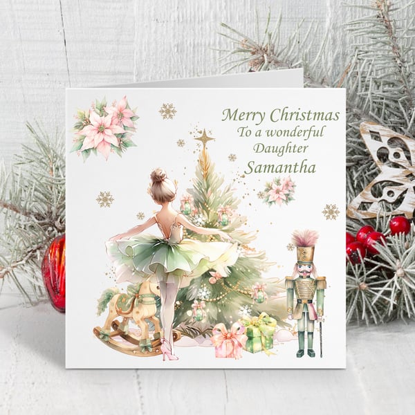Ballet Dancer & Soldier Nutcracker Personalised Christmas Card. Green