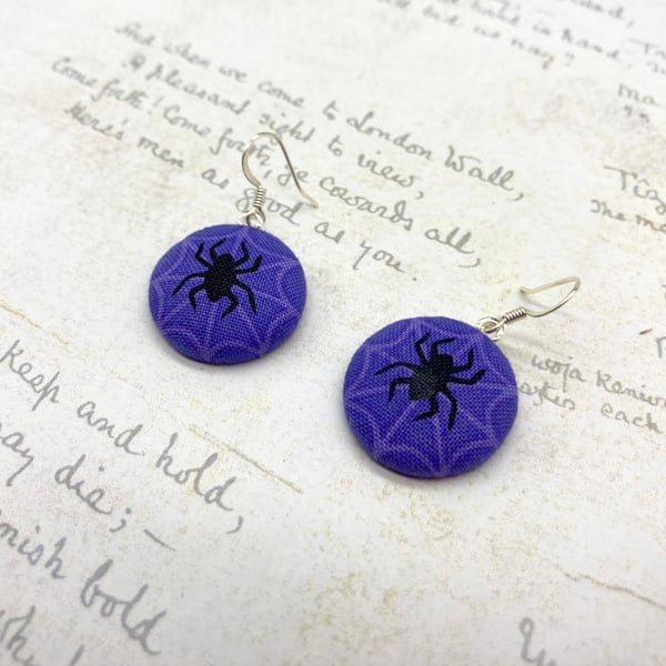 Black spider purple spider web fabric button dangle earrings