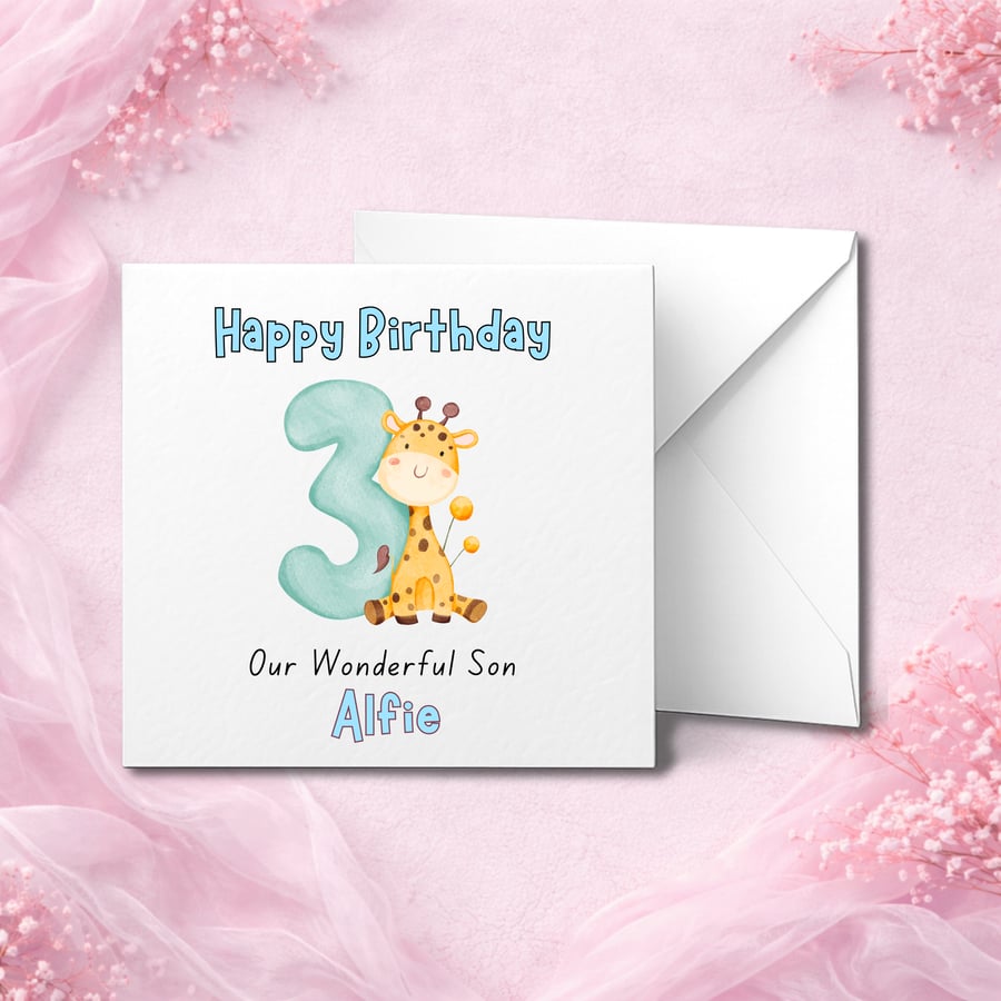 Personalised 3rd Birthday Card with Cute Giraffe and Name, Custom Age Children