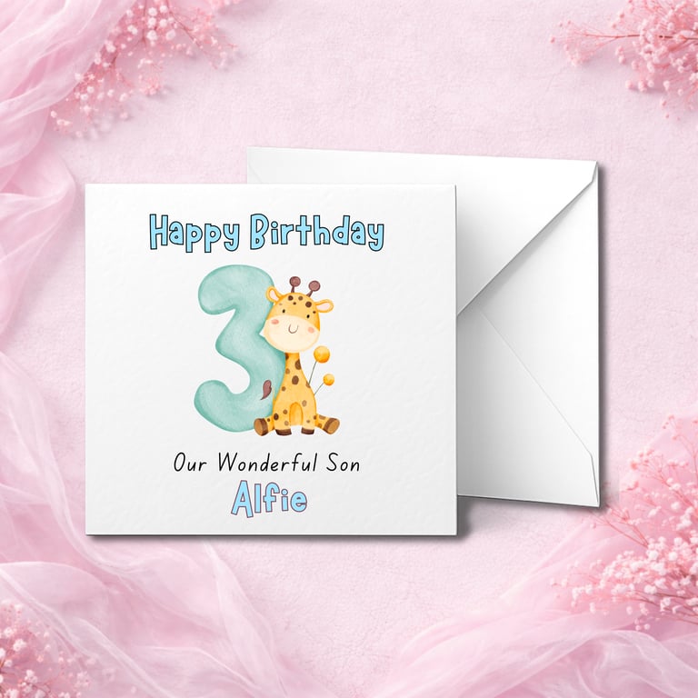 Personalised 3rd Birthday Card with Cute Giraffe and Name, Custom Age Children
