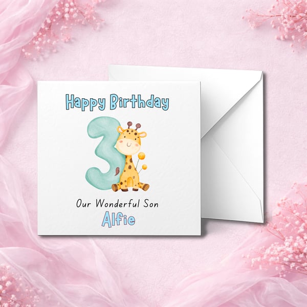 Personalised 3rd Birthday Card with Cute Giraffe and Name, Custom Age Children