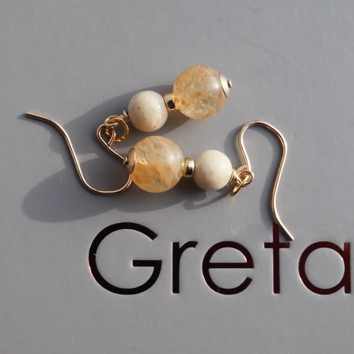 Golden Rutilated Quartz and Riverstone Earrings on Gold Filled Hooks