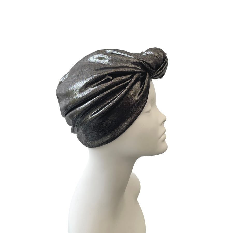 Silver Metallic Foil Jersey Front Knot Turban Hat, Festive Christmas and Party 