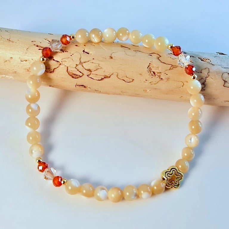 Mother Of Pearl Bracelet, Zircon & Crystal, Bridesmaid Gift, Summer Jewellery