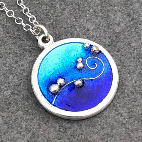 Enamel Pendant, blue enamel pendant, round blue pendant, silver bubbles pendant,