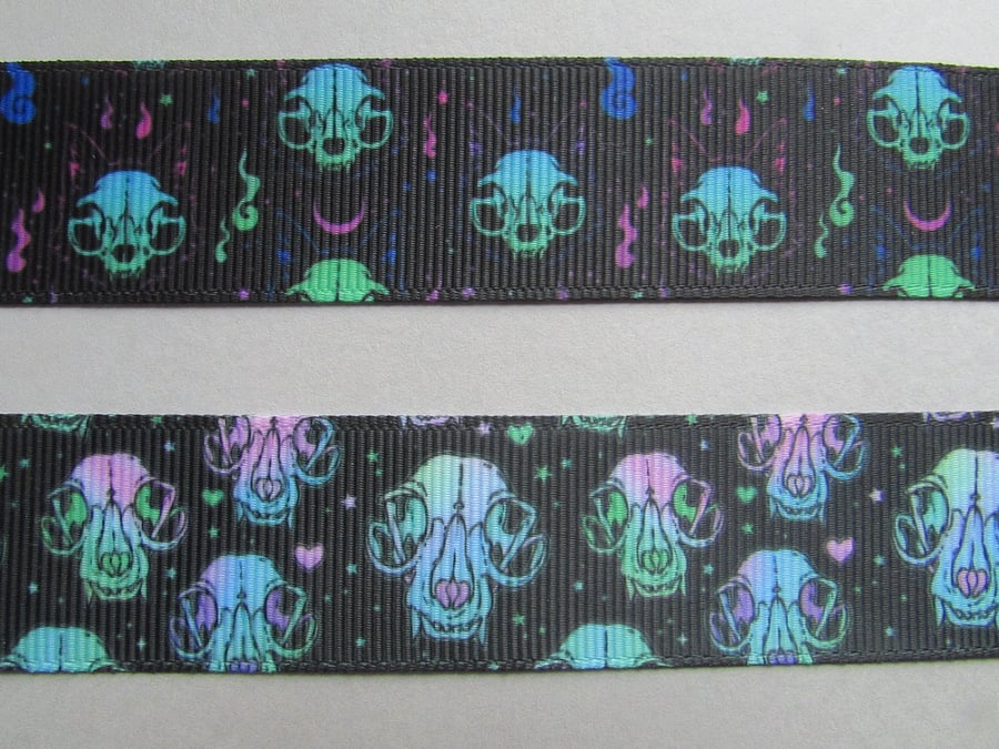 Cat Skull Grosgrain Ribbon x 1 metre
