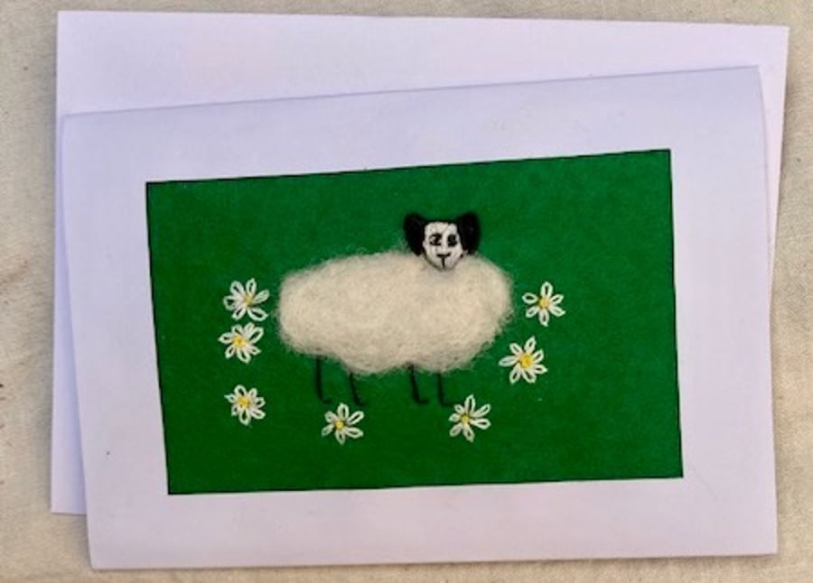 Sheep felted greetings card.