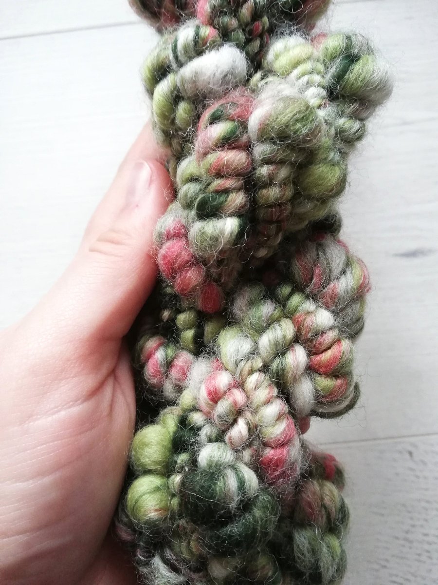 Green, Coral and White Handspun Art Yarn, Coiled Bubble Yarn