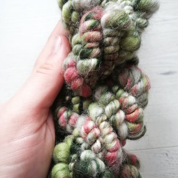 Green, Coral and White Handspun Art Yarn, Coiled Bubble Yarn