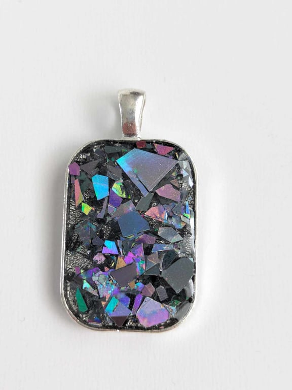 Rectangular Resin Pendant With Dark Grey Holographic Flakes