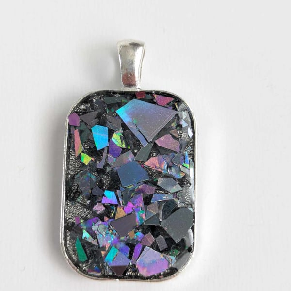 Rectangular Resin Pendant With Dark Grey Holographic Flakes