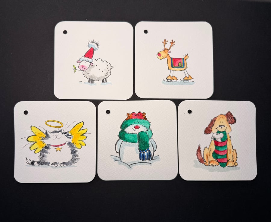 Hand watercoloured gift tags from Penny Black stamps - Christmas animals