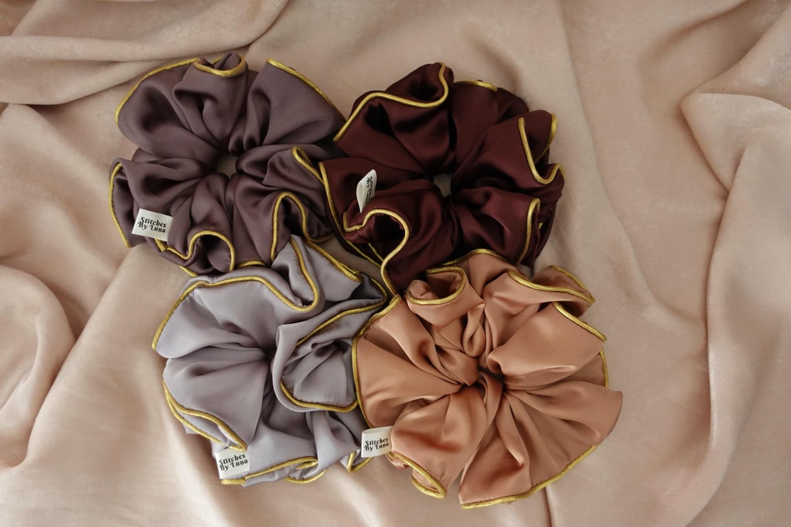 Gold Piping Edged XXL Scrunchies, Piping Trim Silky Satin Statement Scrunchies