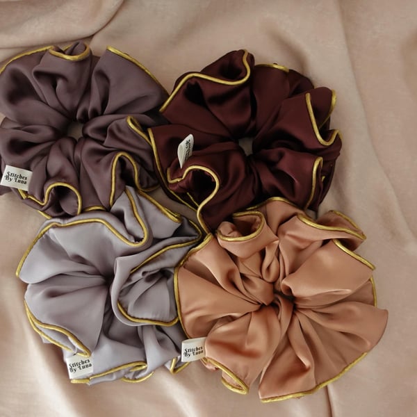 Gold Piping Edged XXL Scrunchies, Piping Trim Silky Satin Statement Scrunchies