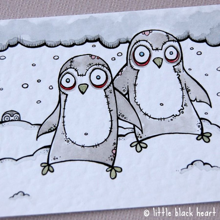 zombie penguin pair - original aceo