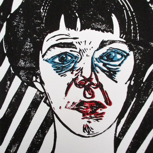 Portrait of Bridget Riley Original Hand Pressed Linocut Print Limited Edition