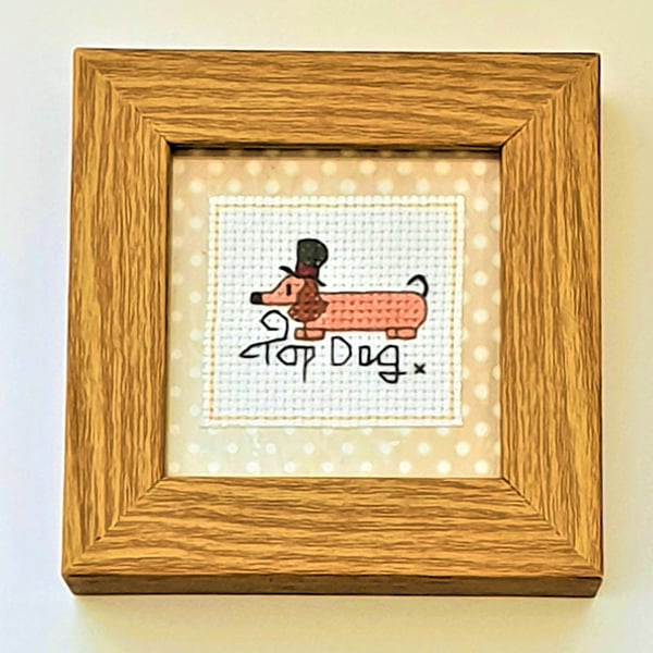 Sausage Dog Weiner Daschund in a Hat with quote small framed Cross Stitch