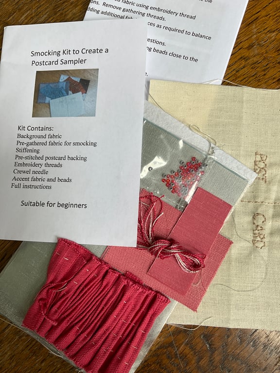 Beginners Smocking Kit to Create a Postcard Sampler, Silver and Raspberry 