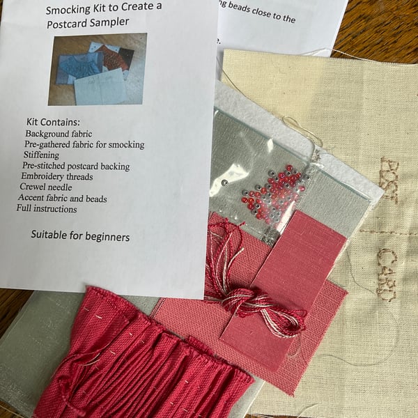 Beginners Smocking Kit to Create a Postcard Sampler, Silver and Raspberry 