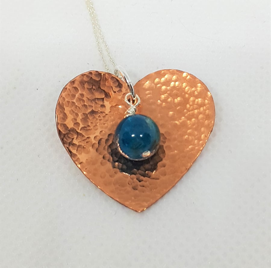 Hammered Copper Heart and Blue Agate Sterling Silver Pendant
