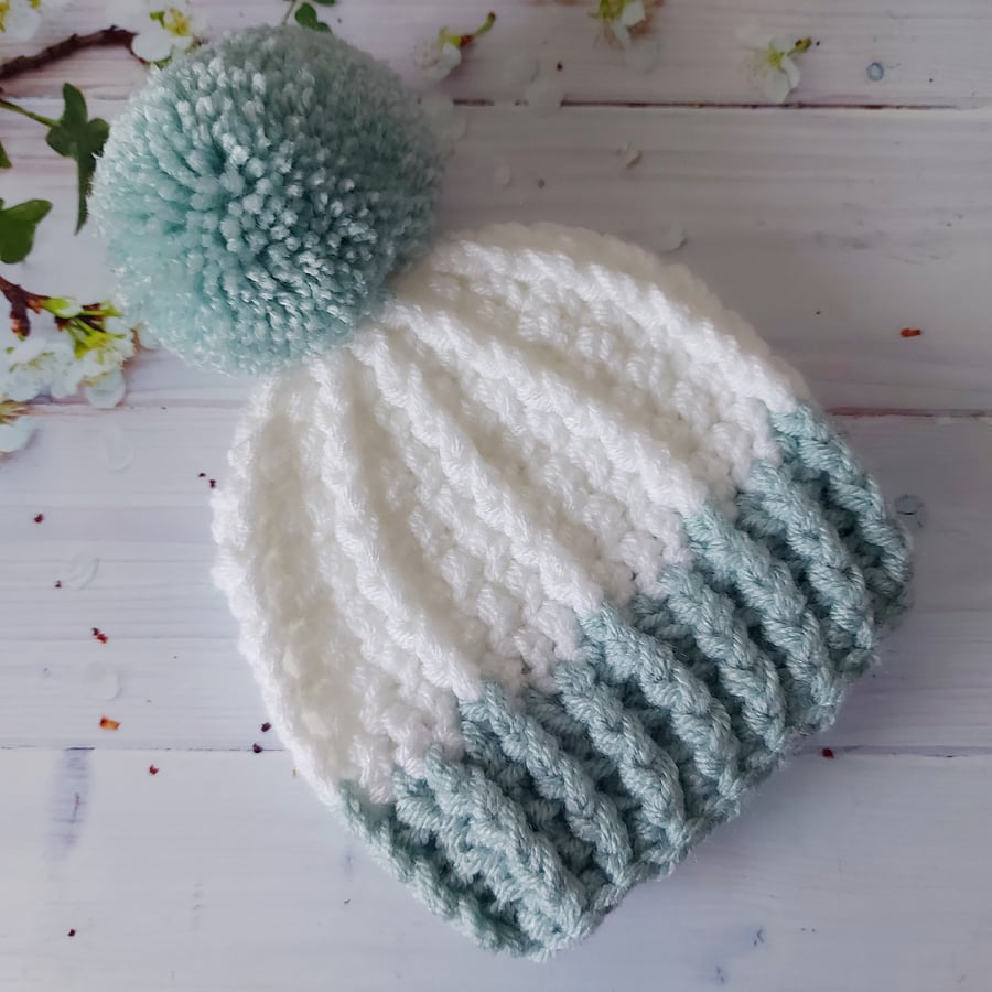 Baby Chunky Pom Pom Hat in Duck Egg and White - Size 0-3 Months - Ready to Post