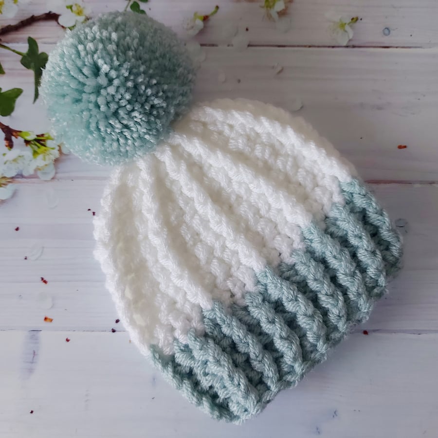 Baby Chunky Pom Pom Hat in Duck Egg and White Folksy