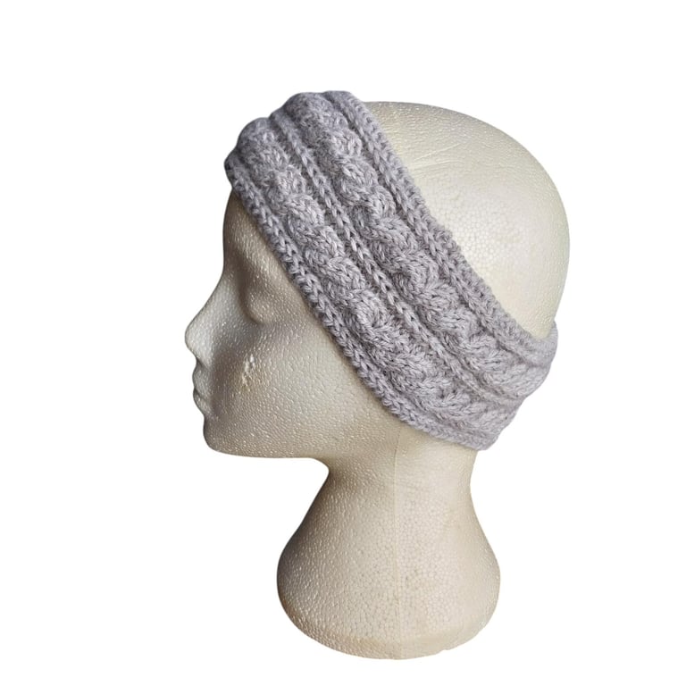 Handmade Light Grey Cable Knit Wool Headband Ear Warmer Winter Hairband Gift
