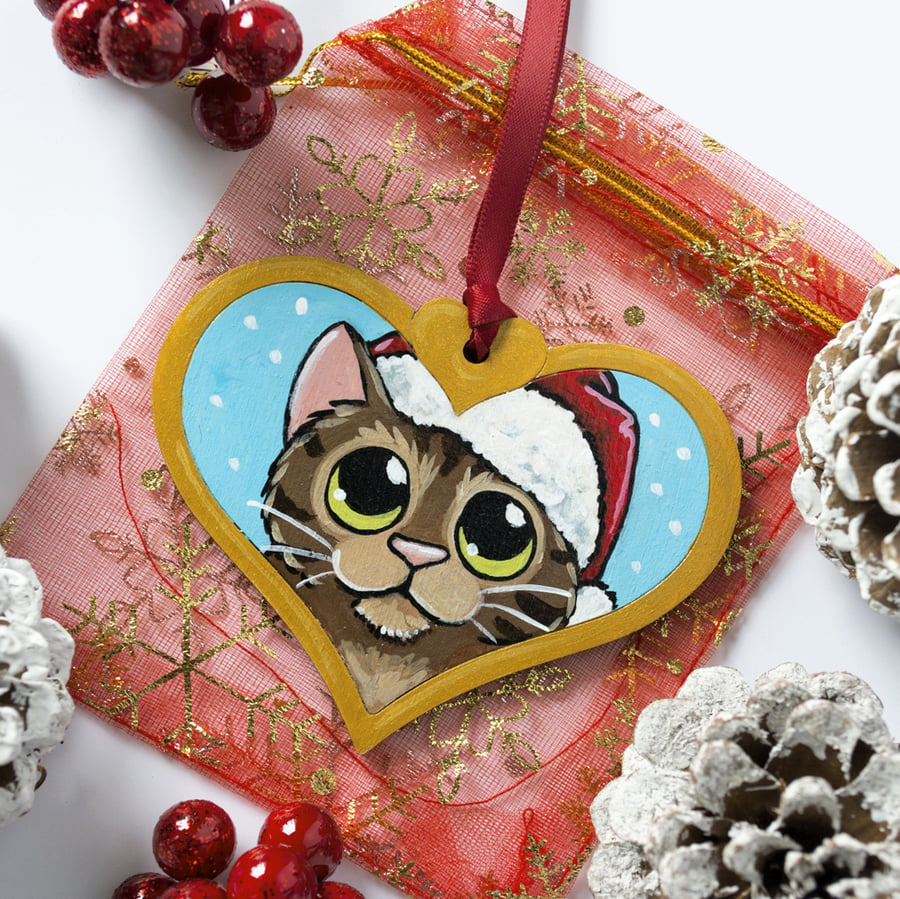 Hand Painted Brown Tabby Cat Christmas Tree Decoration
