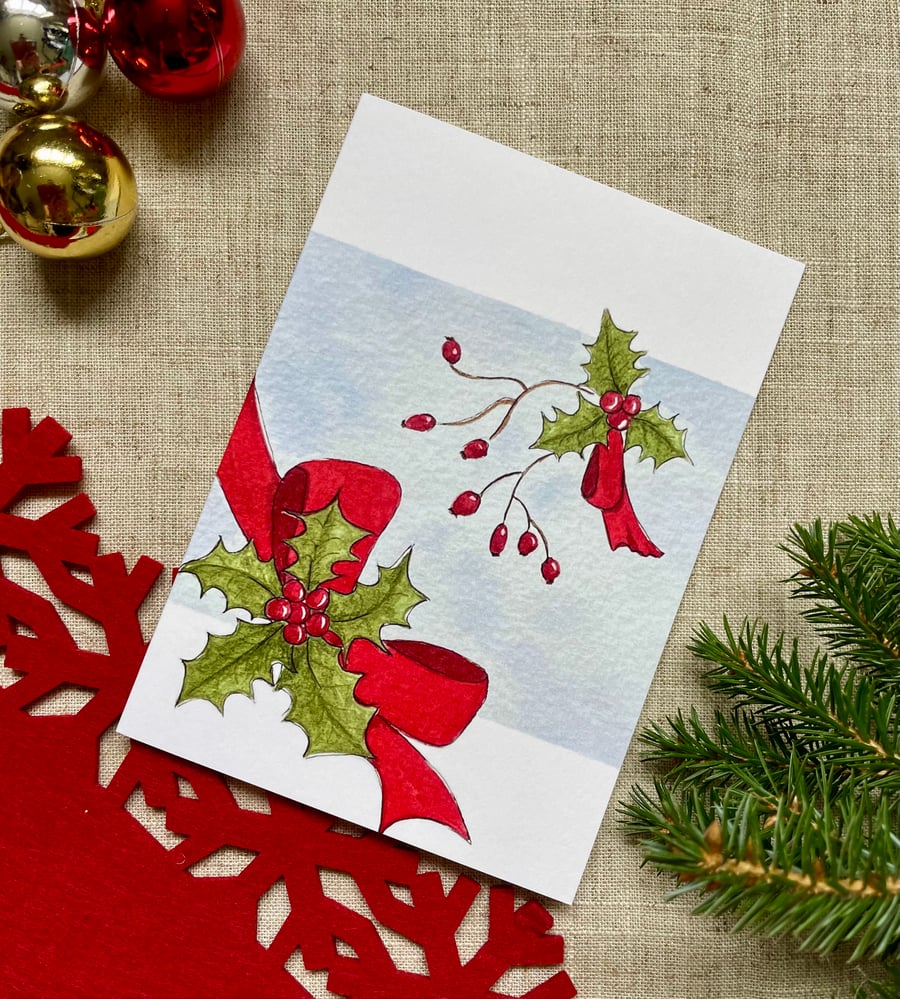 Card, Christmas card, Holly and rosehips and big red ribbon.