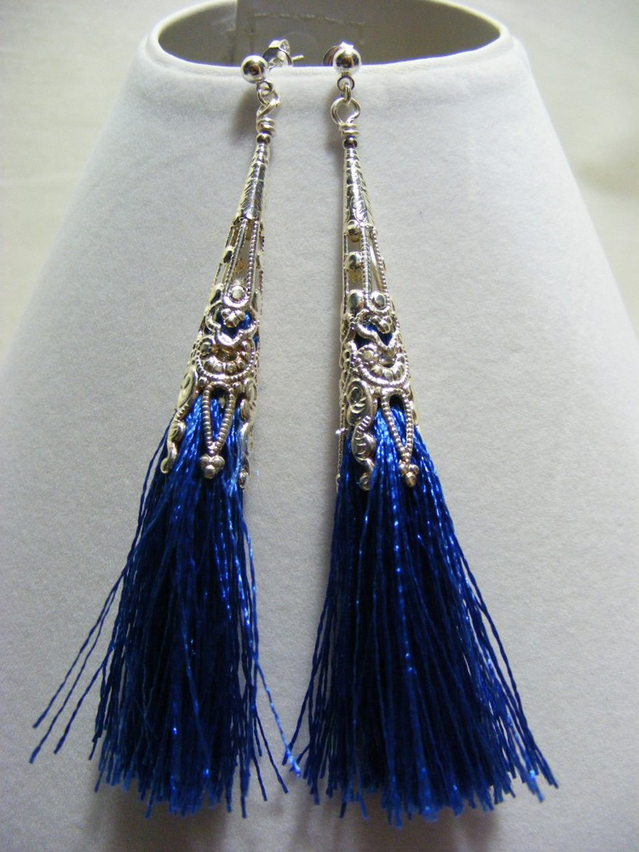 Dark Blue Tassel and Silver Earrings