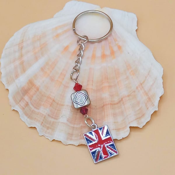 Silver Plated Union Jack and Crystal Key Ring, End of Term Gift, Thank you Gift