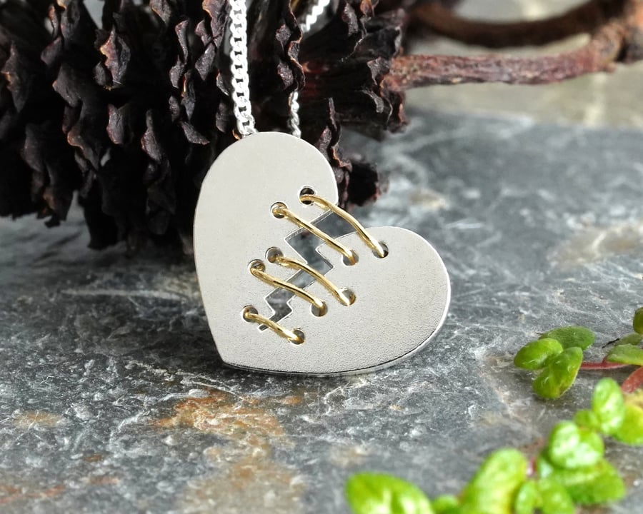 Mended Heart Necklace with Silver or Gold Sutures