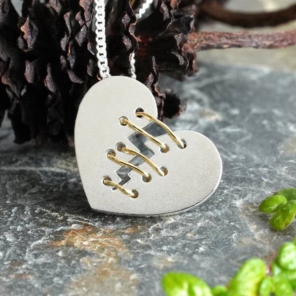 Mended Heart Necklace with Silver or Gold Sutures