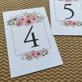 Blush pink wildflowers frame wedding TABLE NUMBERS greenery foliage rustic card