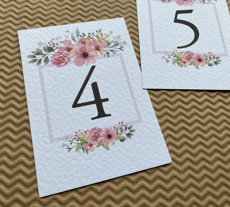 Blush pink wildflowers frame wedding TABLE NUMBERS greenery foliage rustic card