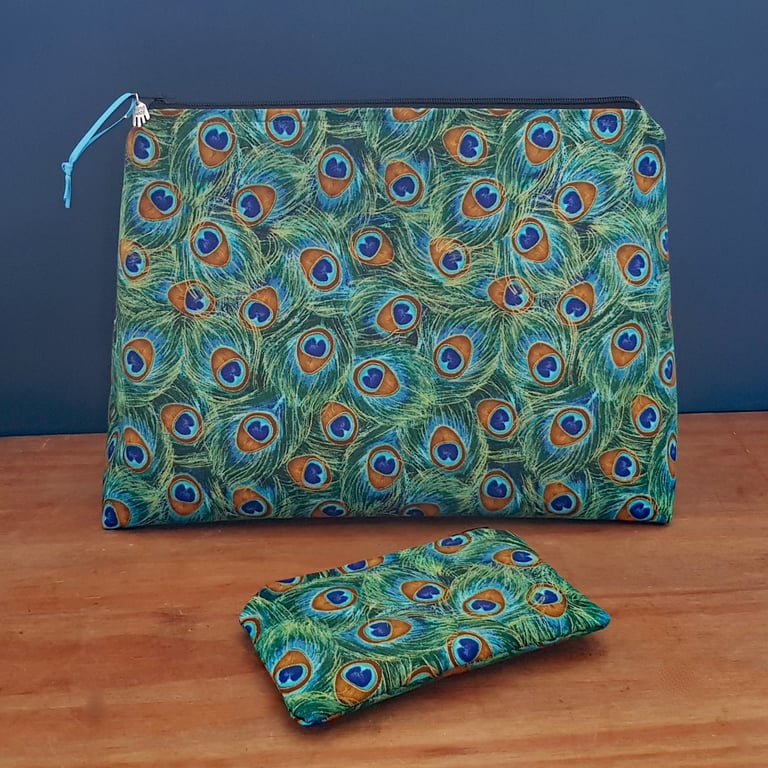 Peacock Feather Multi Purpose Zipper Bag with Matching Small Pouch