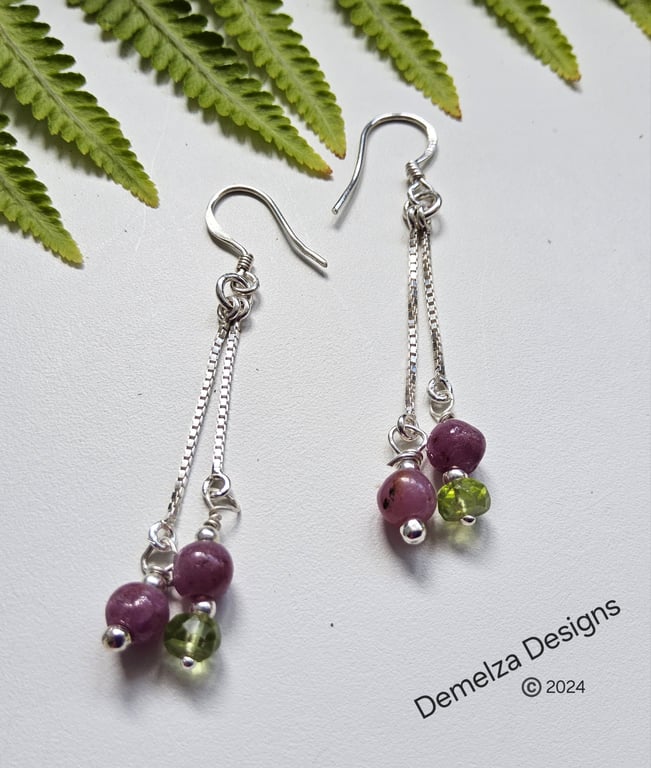 Designer Ruby & Peridot Long Dangle Sterling Silver Earrings ONE OFF PAIR