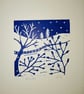 An original handprinted linoprint of a dark blue winter scene.  - Image 9