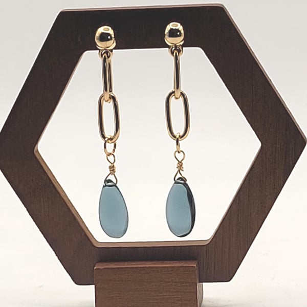 Handmade Gold Chain Droplet Earrings with London Blue Topaz - Elegant Statement 
