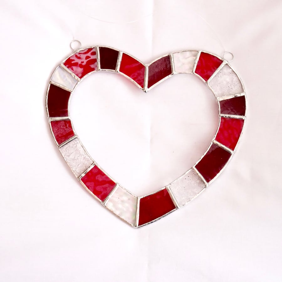 Red and White Heart Stained Glass Suncatcher - Handmade Hanging Decoration