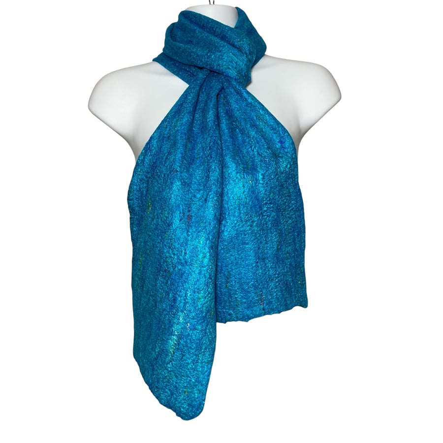 Merino wool scarf with silk fibre embellishment, turquoise